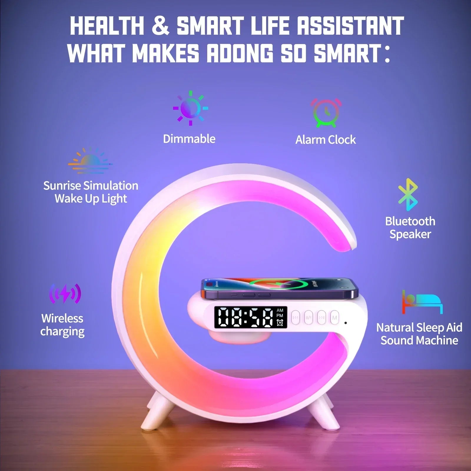 RGB Wireless Charger Stand with Alarm Clock & Speaker